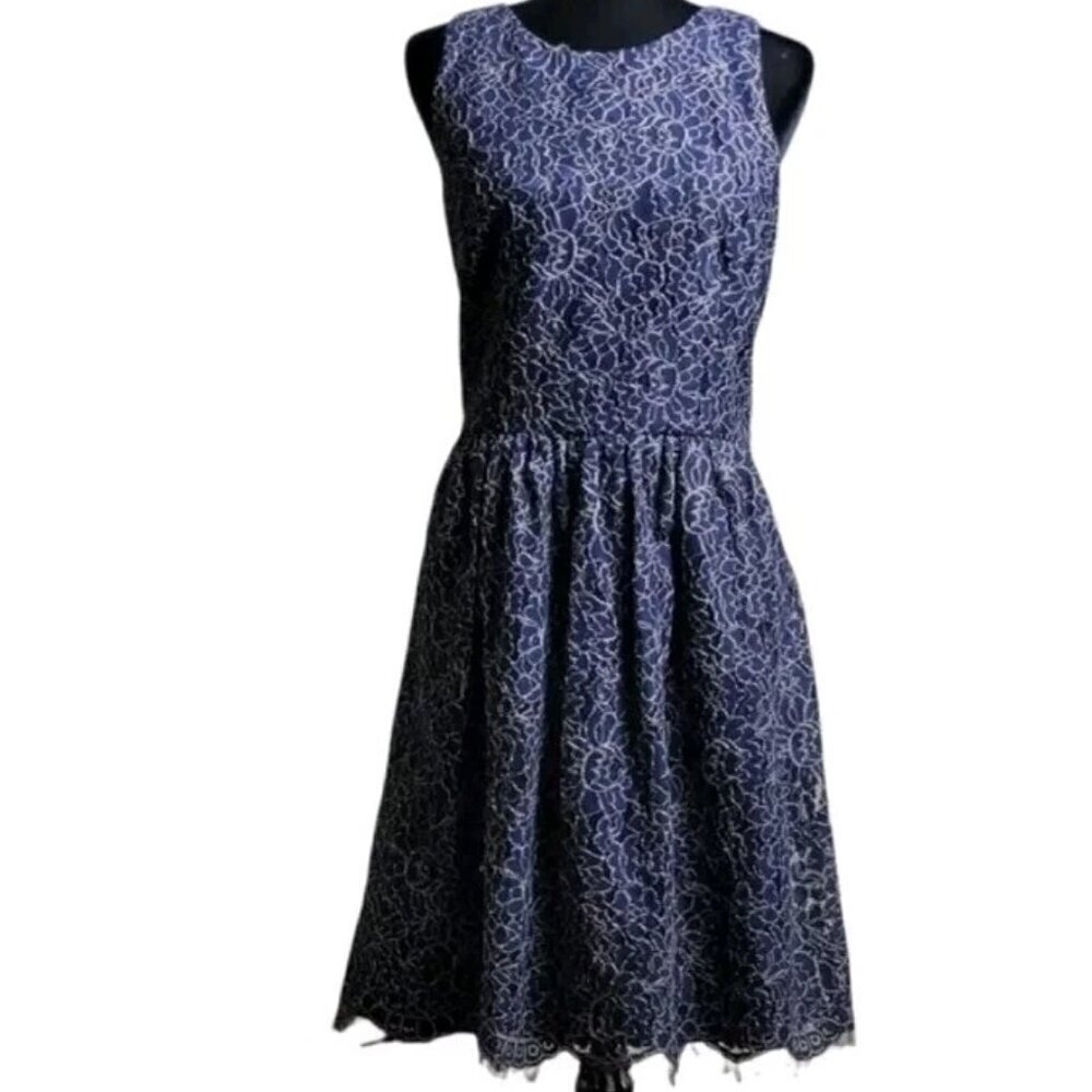 Eliza J Dress Dark Navy Blue Floral Lace Cocktail Fit and Flare Open Back 12